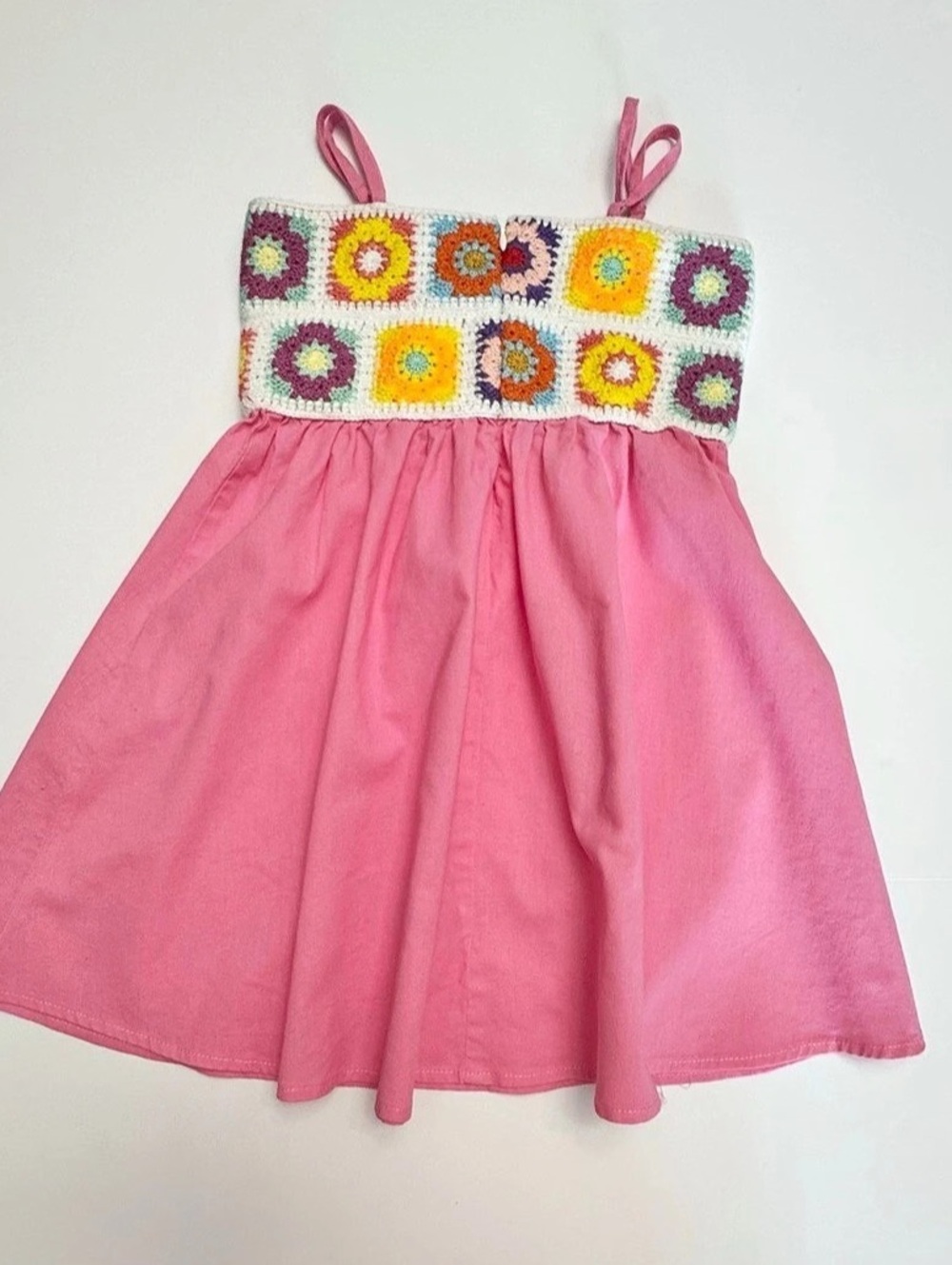 SHEIN Kids Girls Pink Crochet Granny Square Bodice Cami Dress Size 8Y Cotton